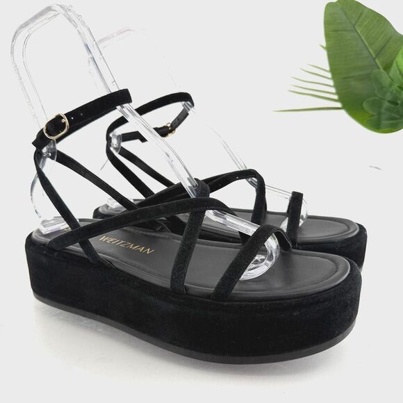 Stuart Weitzman Summerlift Platform Strappy Sandal Round Toe Black Size 10 Flat - Picture 1 of 16